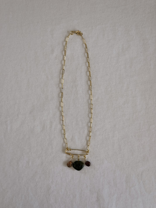 heart gemstone safety pin necklace II