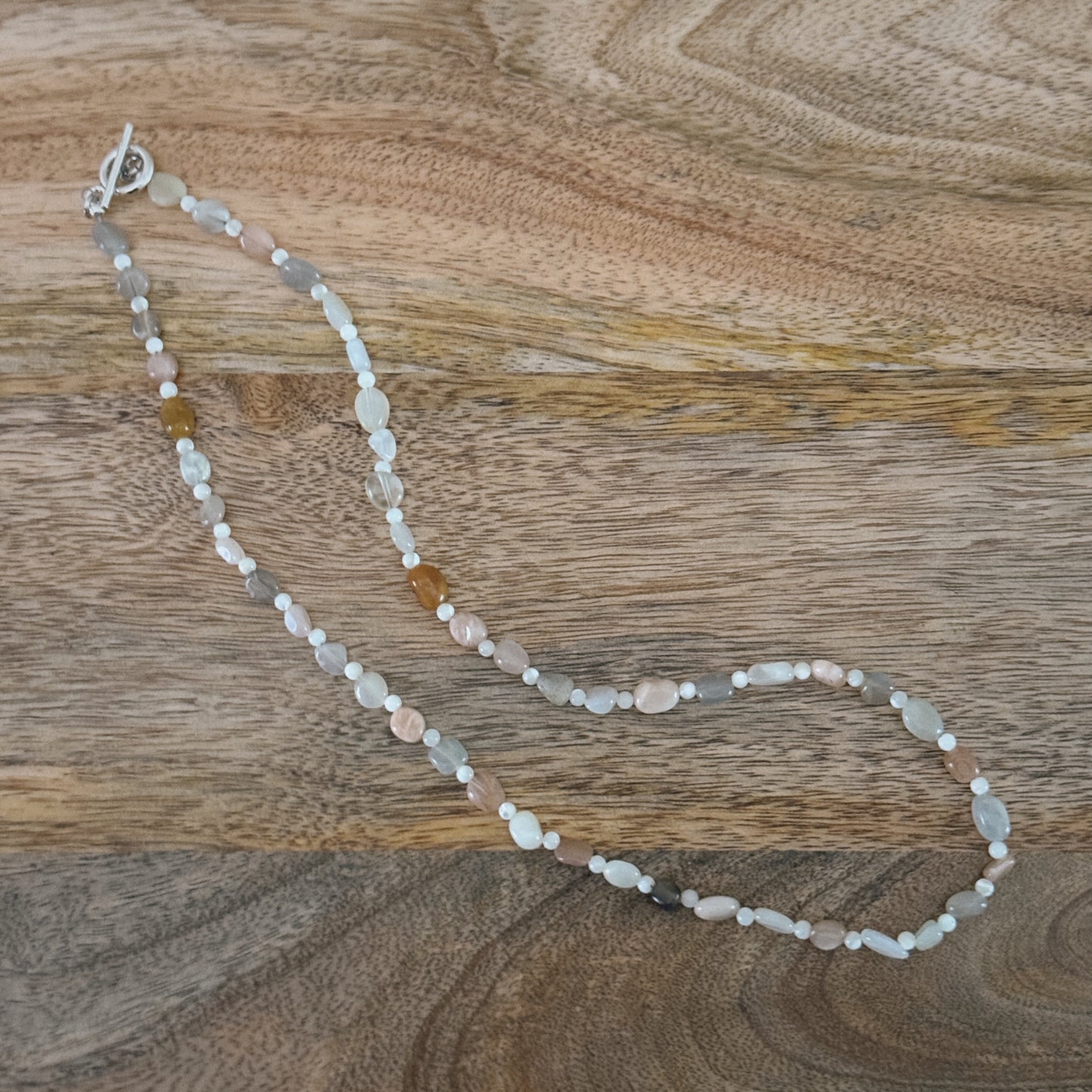 long mixed glass beaded necklace with silver antique clasp