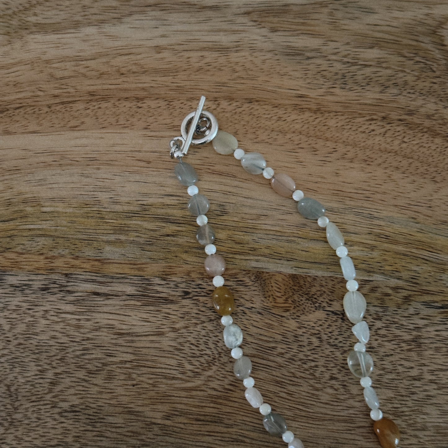 long mixed glass beaded necklace with silver antique clasp