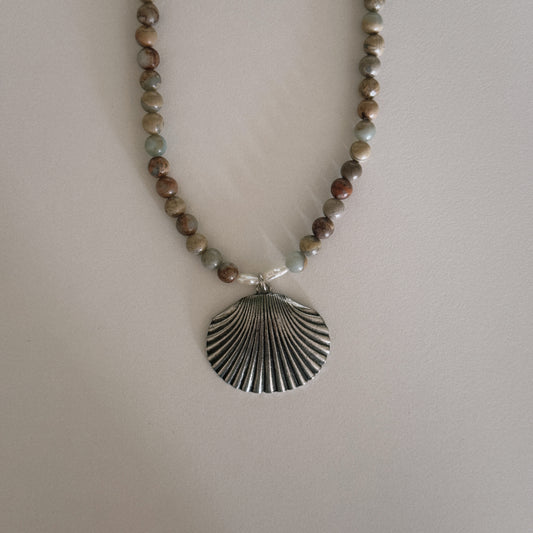aqua jasper beaded necklace with shell pendant