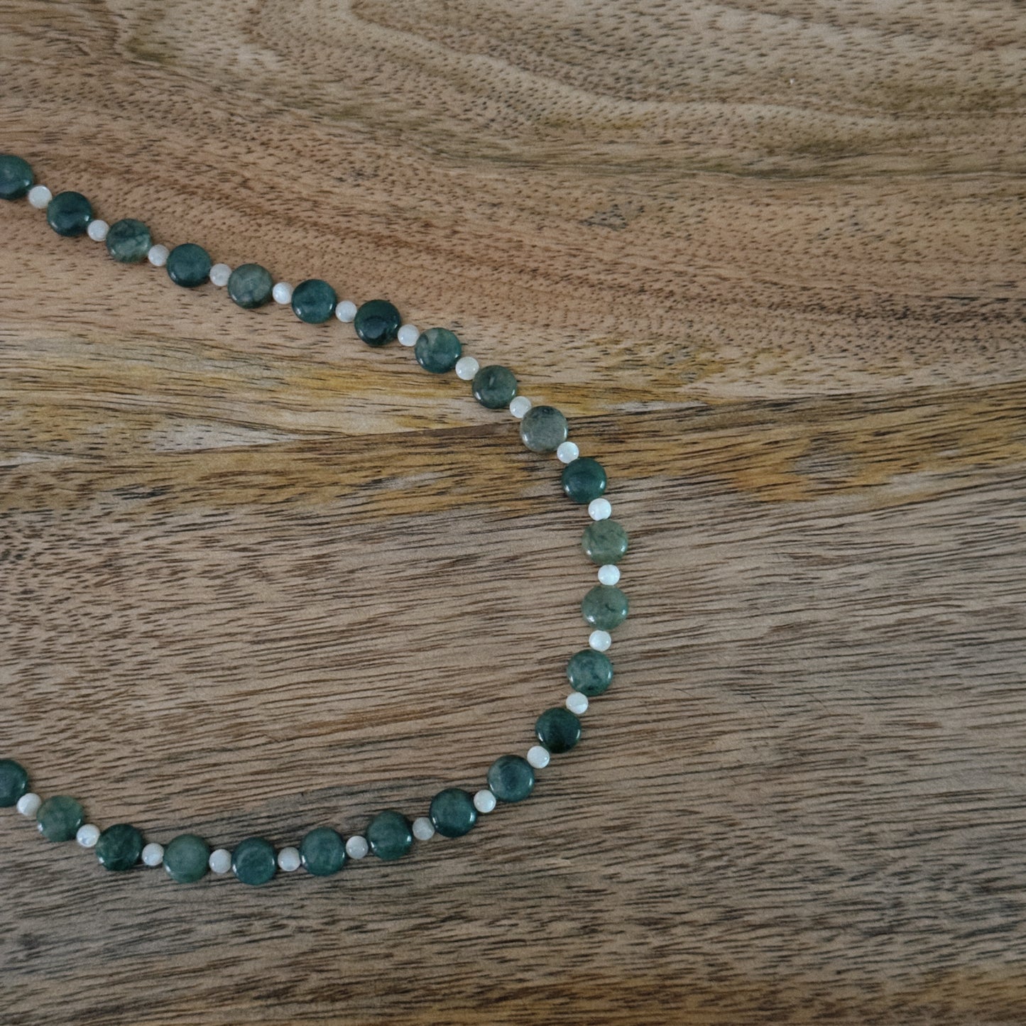 jade and cream glass beaded necklace with silver antique clasp