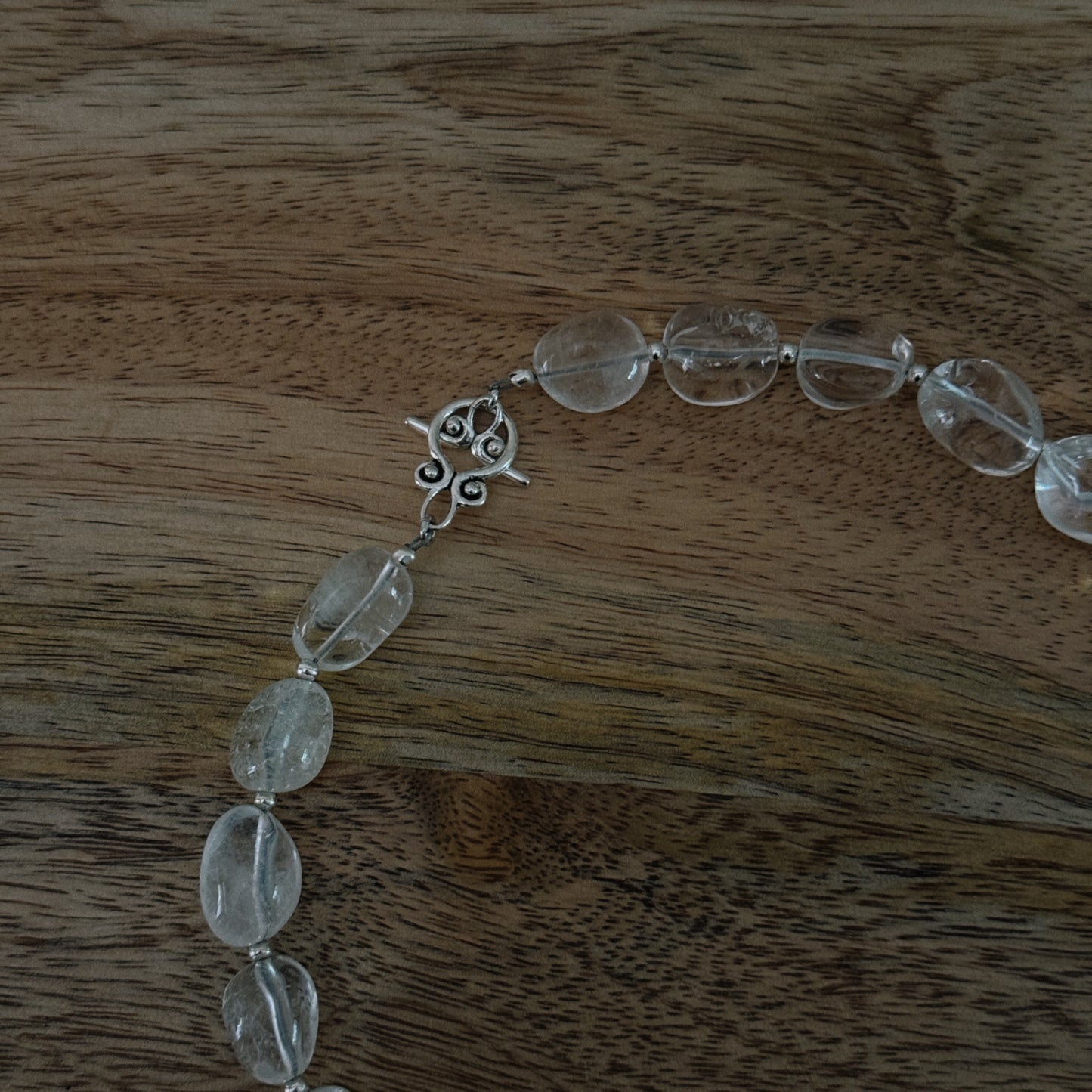 large glass clear beaded necklace with silver antique clasp