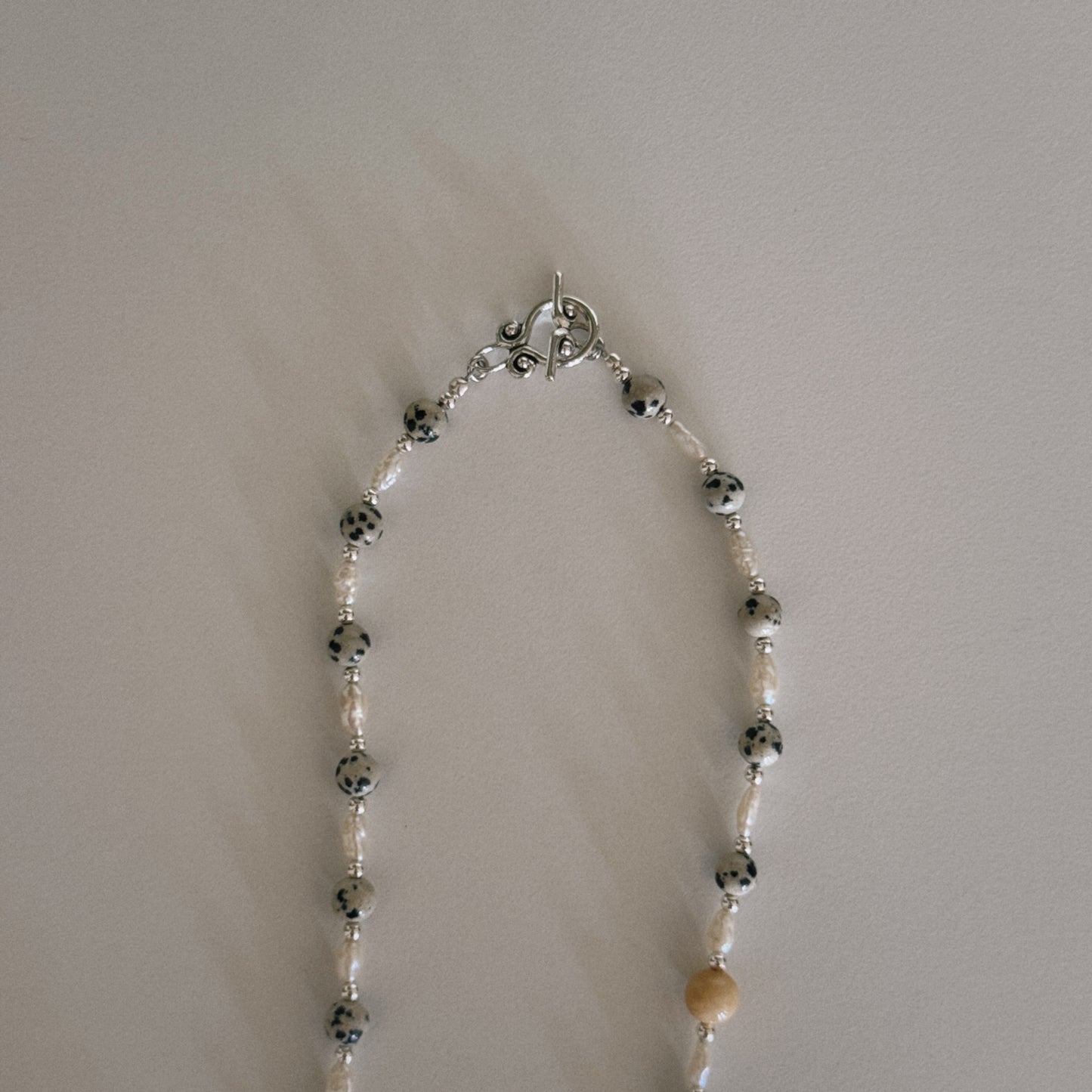 dalmation & pearl beaded necklace with oyster pendant
