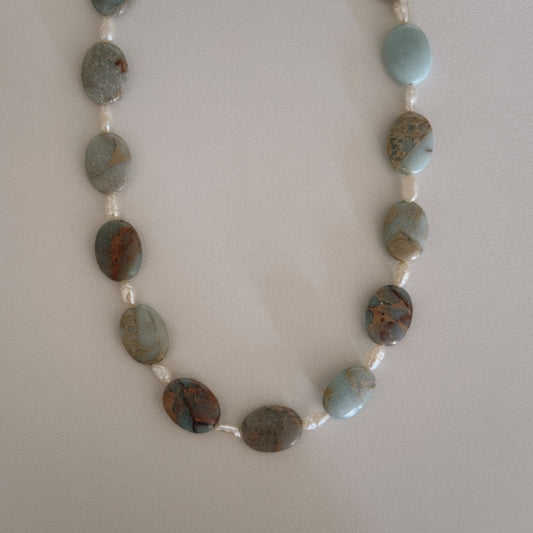 flat aqua jasper & pearl beaded necklace