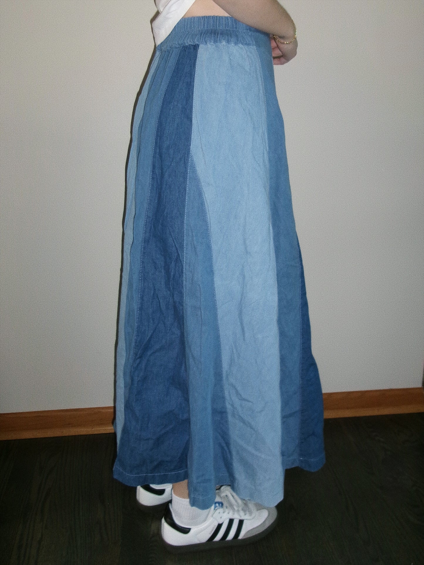 vintage paneled denim maxi skirt side