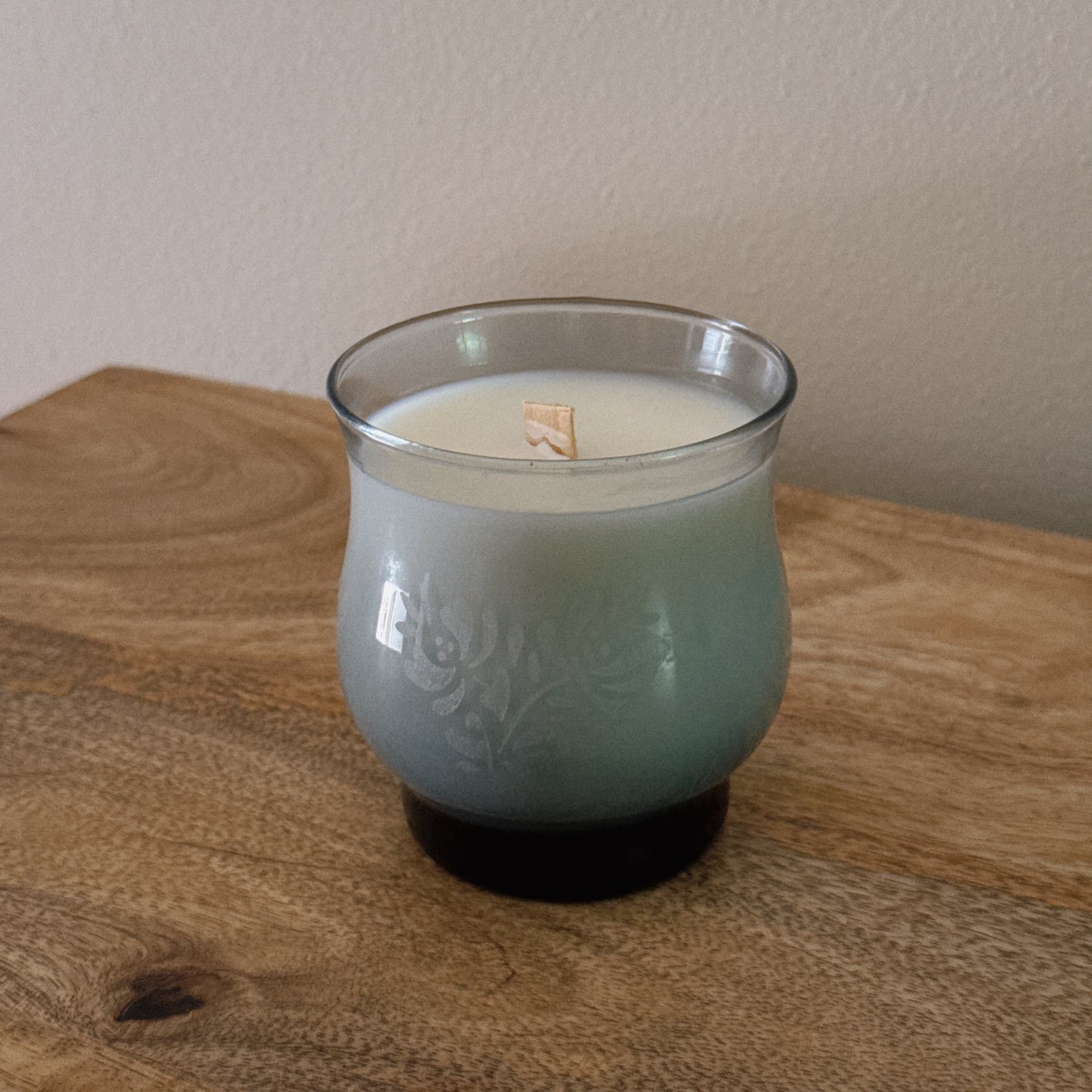 vintage glass blue motif candle