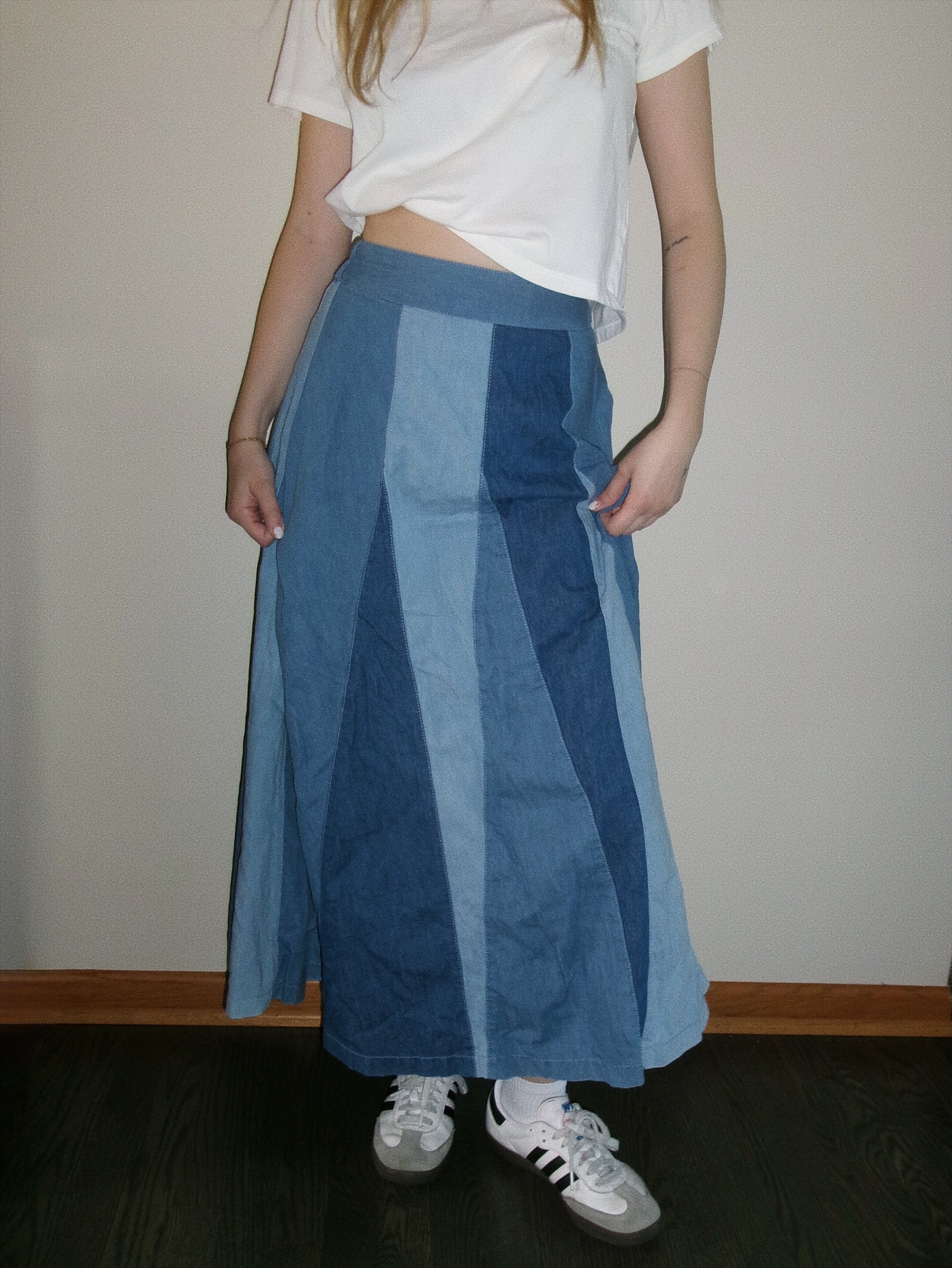 vintage paneled denim maxi skirt full outfit