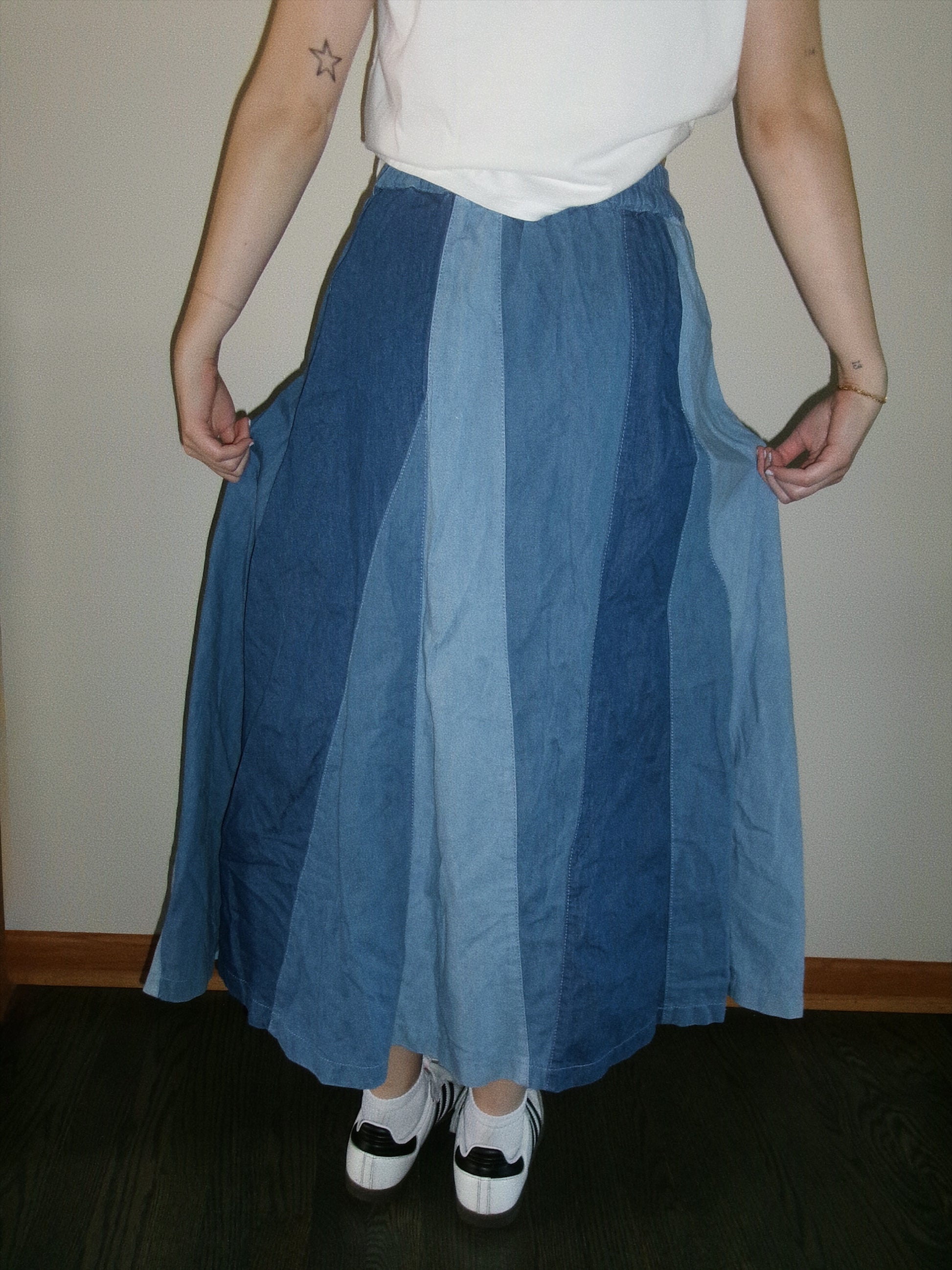 vintage paneled denim maxi skirt back
