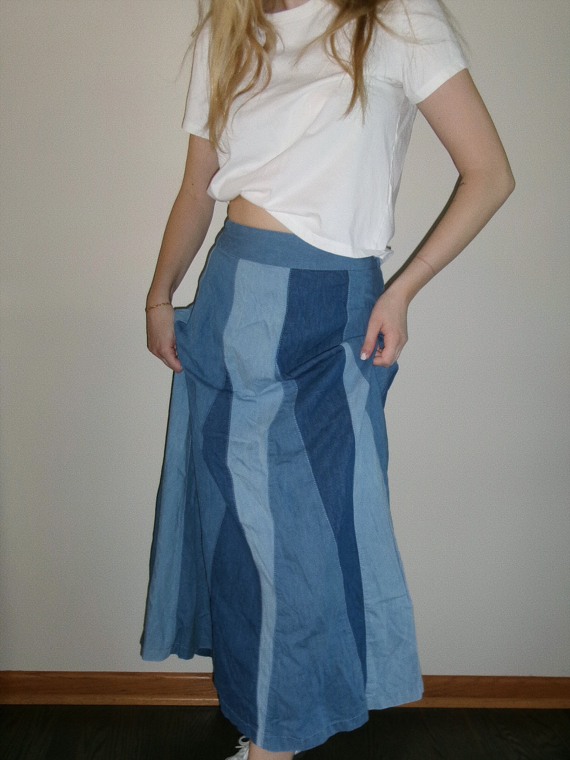 vintage paneled denim maxi skirt full outfit