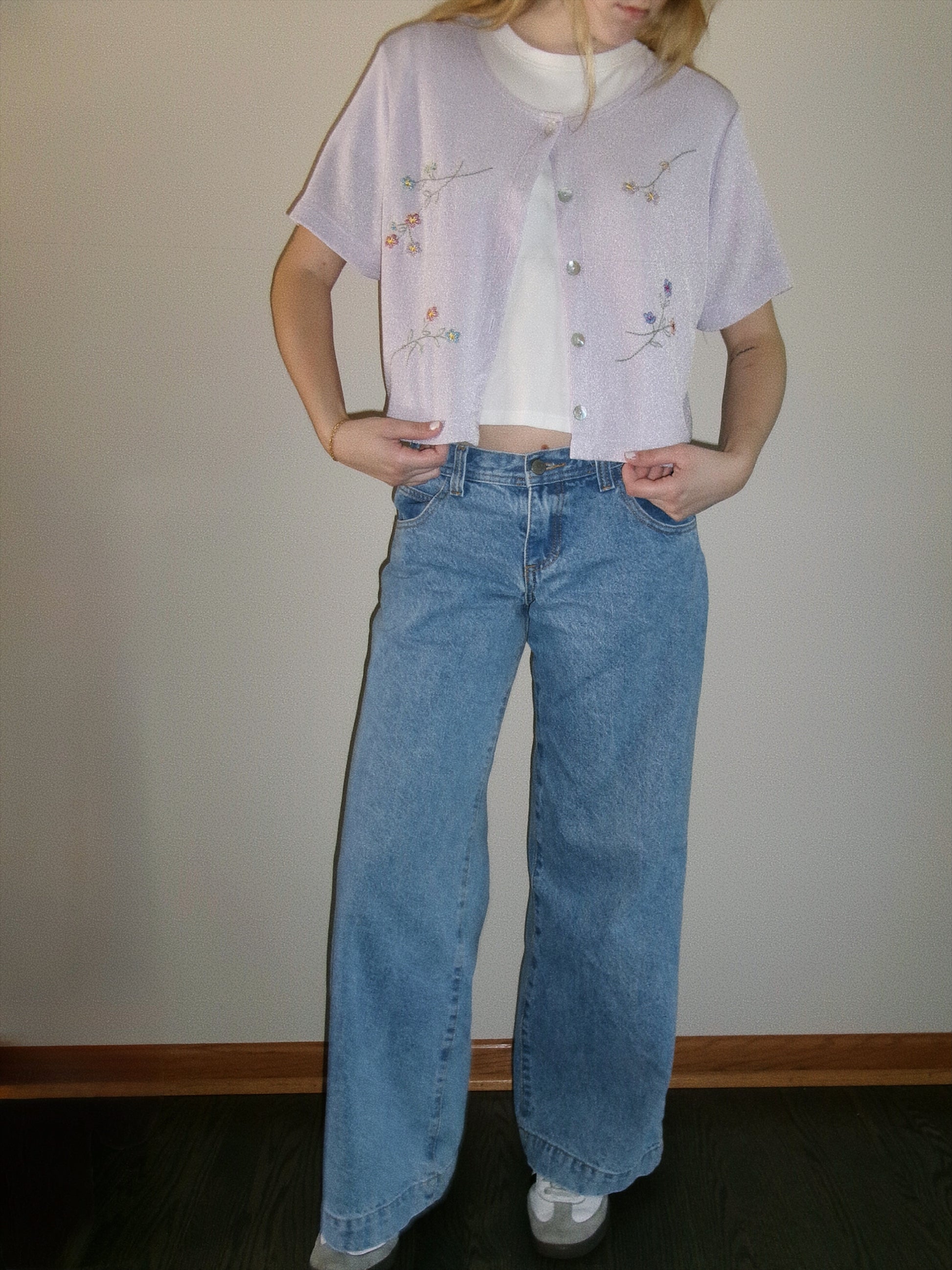 light purple floral short sleeve cardigan