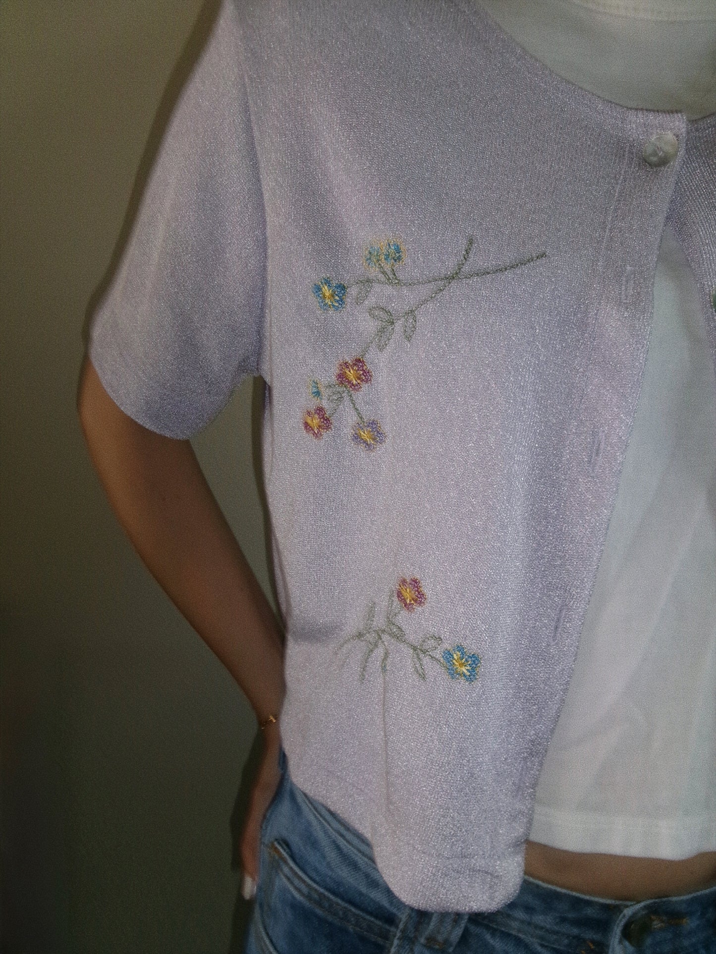 light purple floral short sleeve cardigan detail