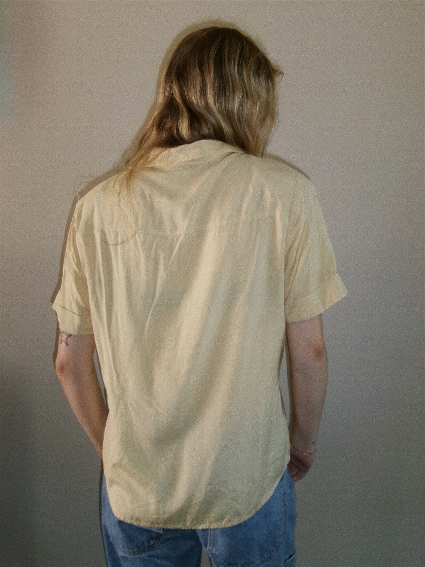 vintage yellow silk button down top back