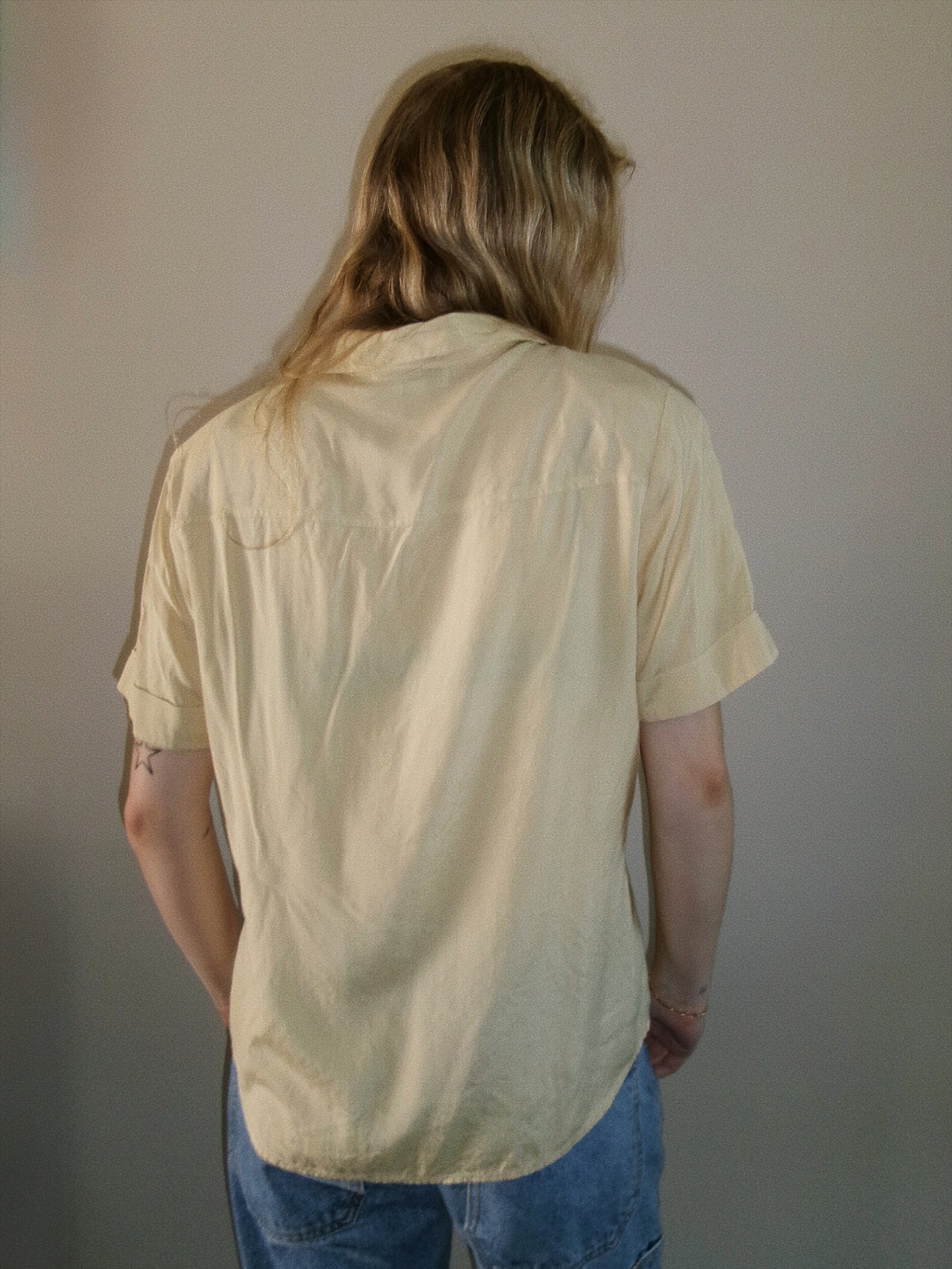 vintage yellow silk button down top back