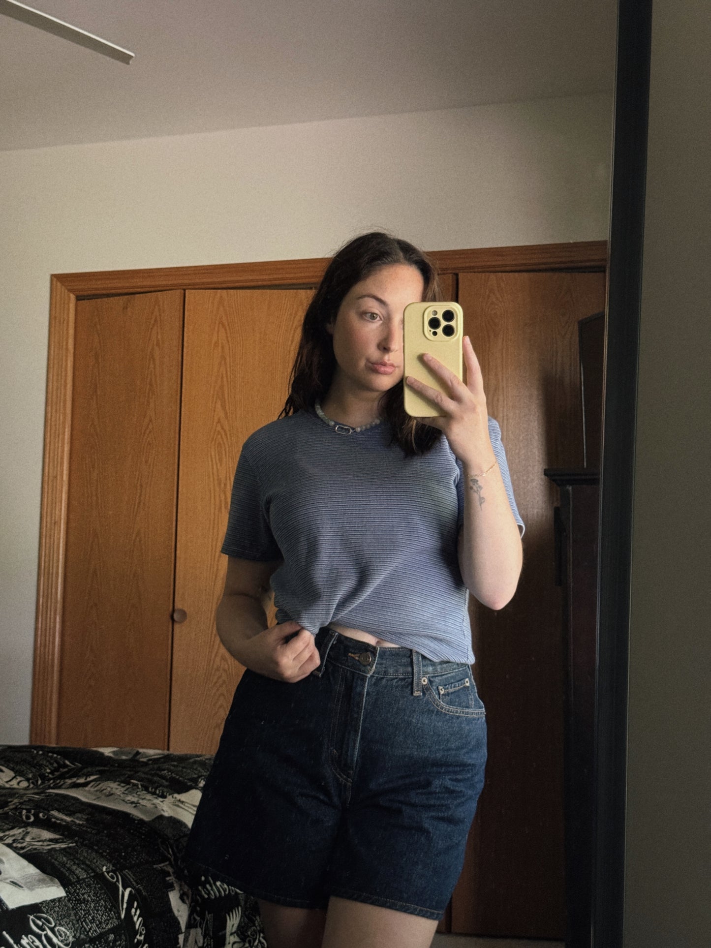 blue striped v neck tee