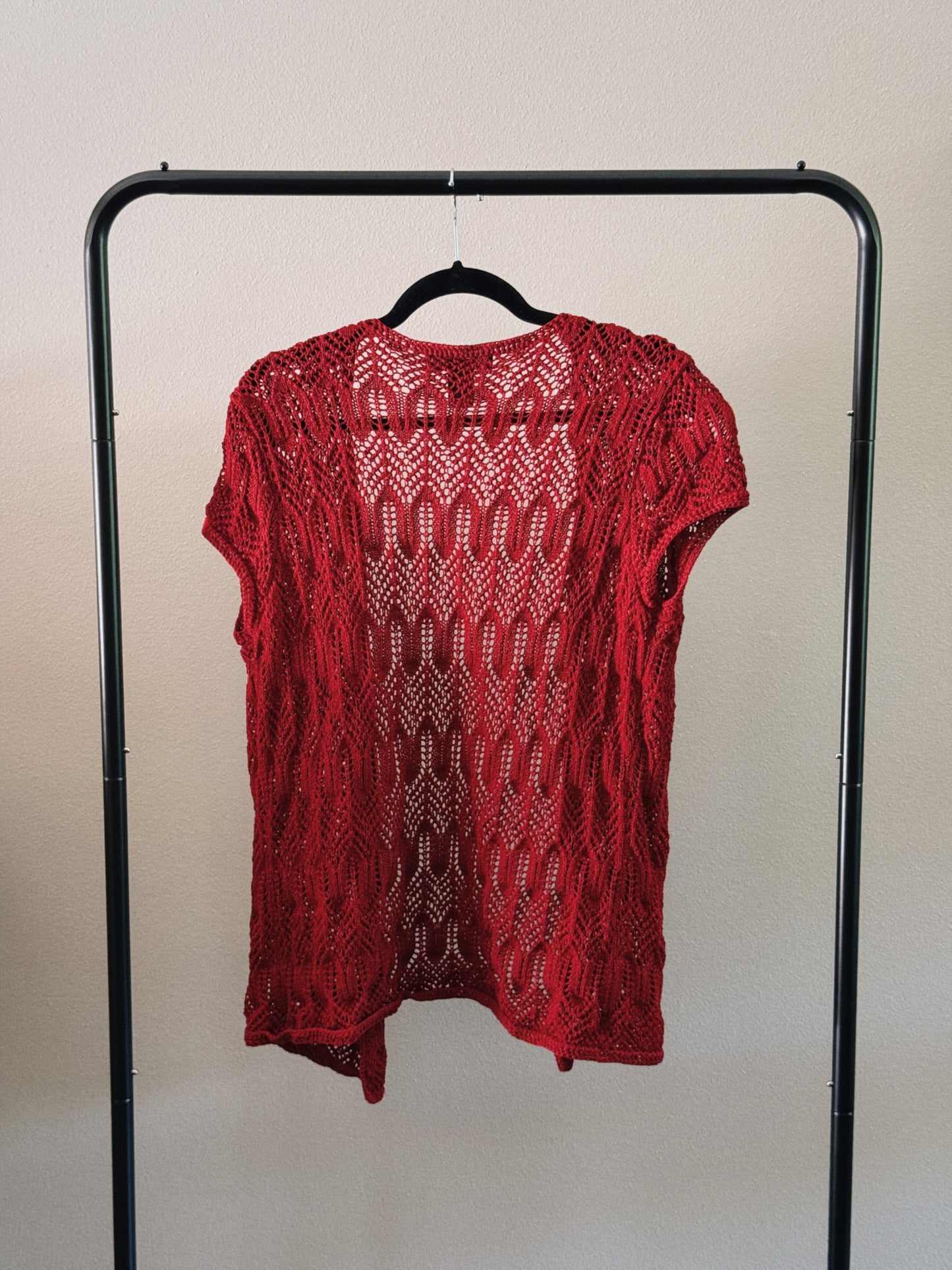red knit short sleeve cardigan