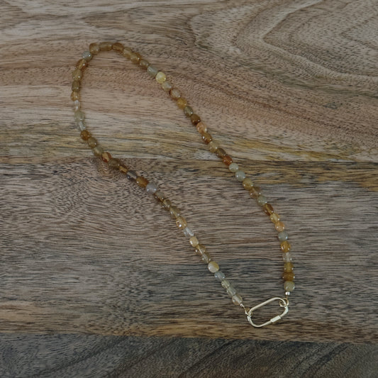 orange and yellow glass beaded necklaces with 18k gold filled carabiner