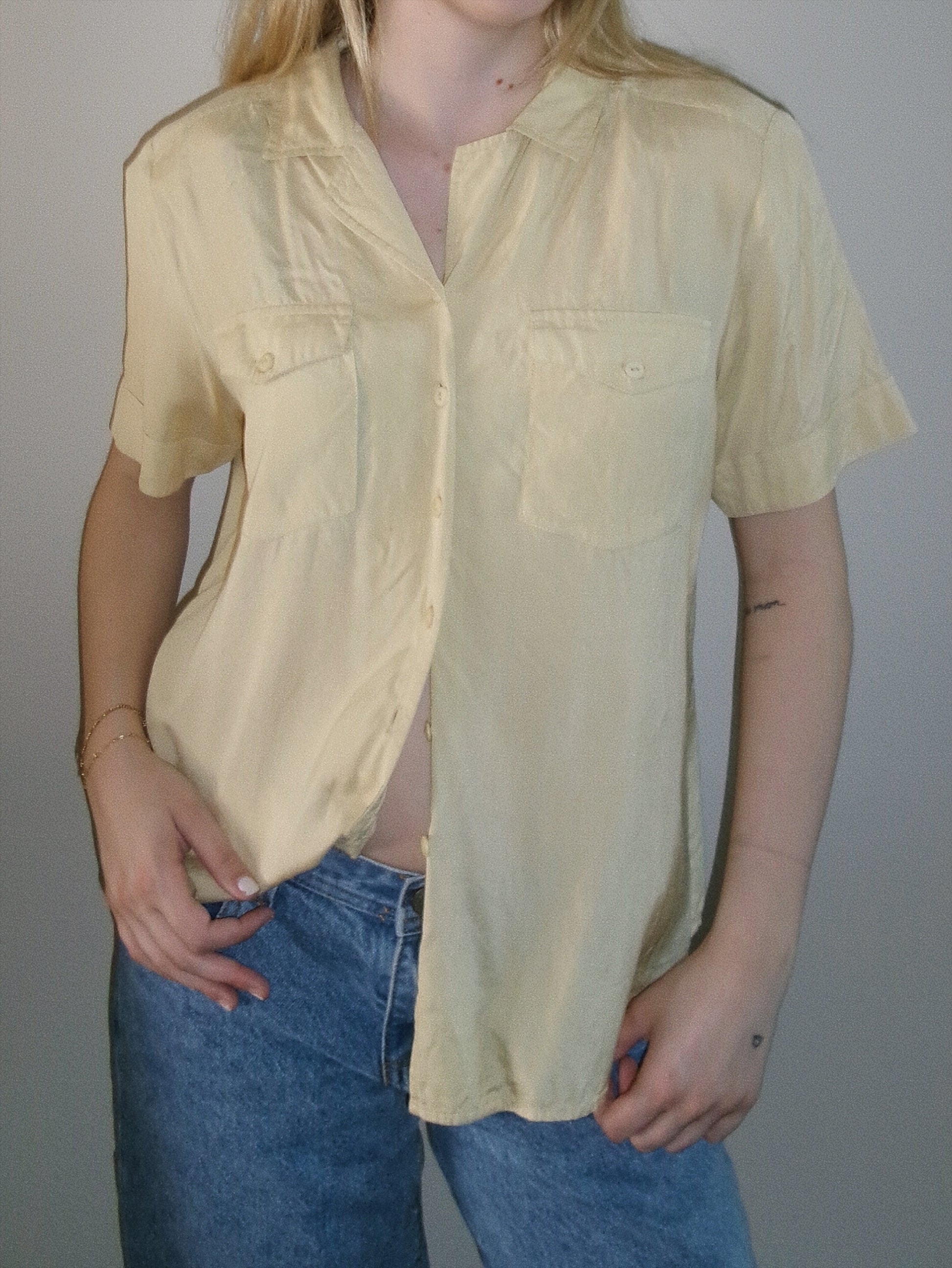 vintage yellow silk button down top