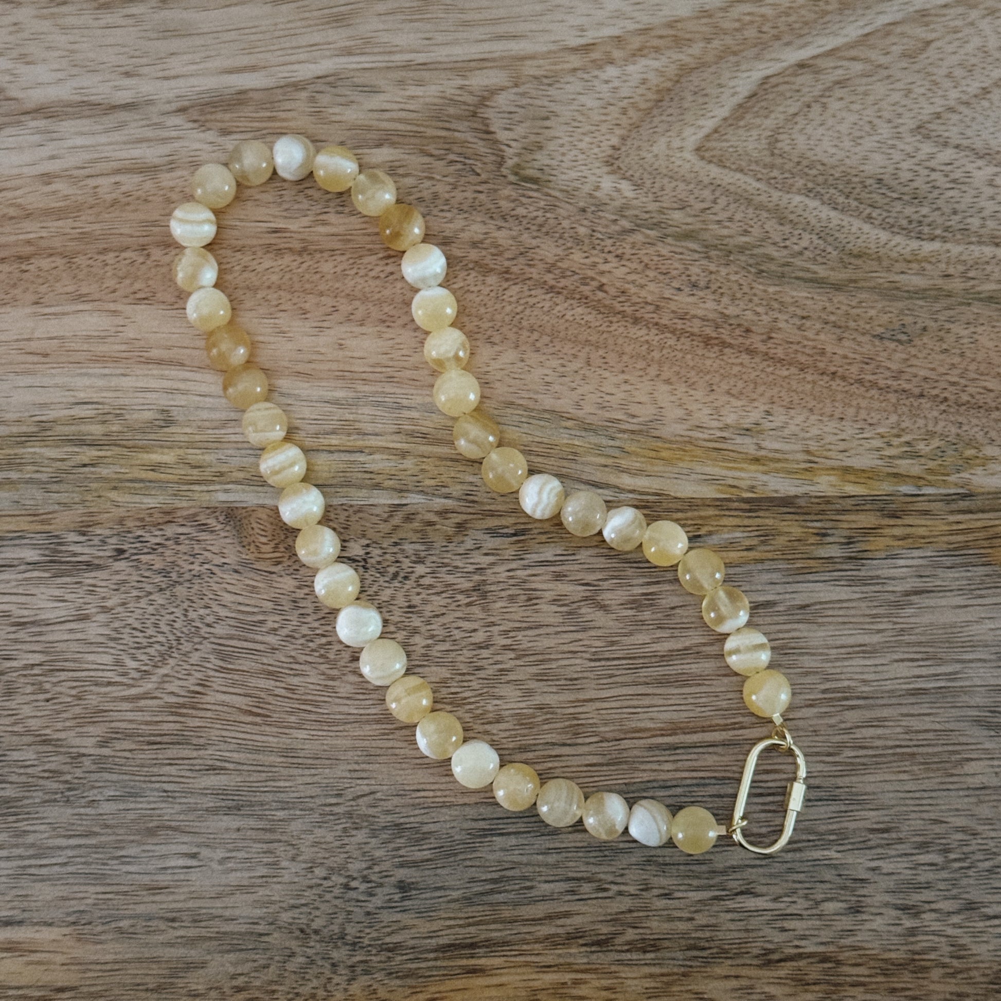 yellow glass beaded necklace with 18k gold filled carabiner