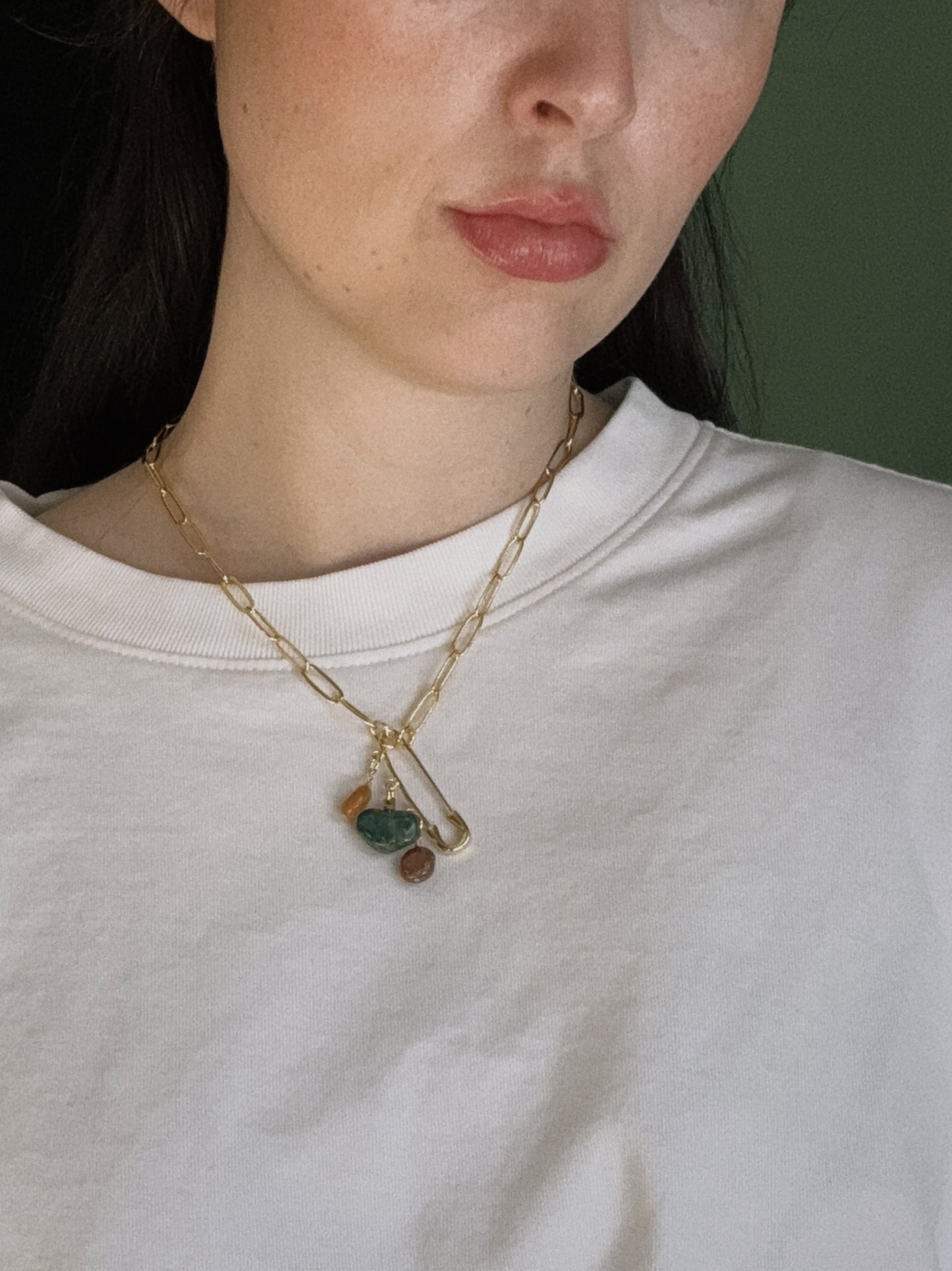 heart gemstone safety pin necklace I