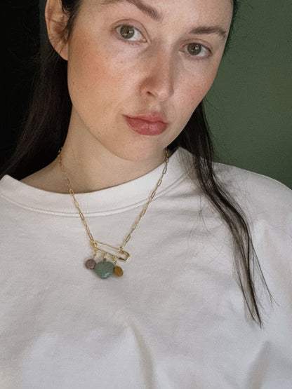 heart gemstone safety pin necklace III