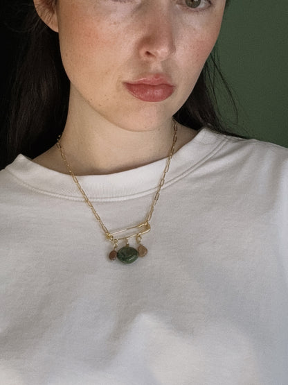 heart gemstone safety pin necklace II