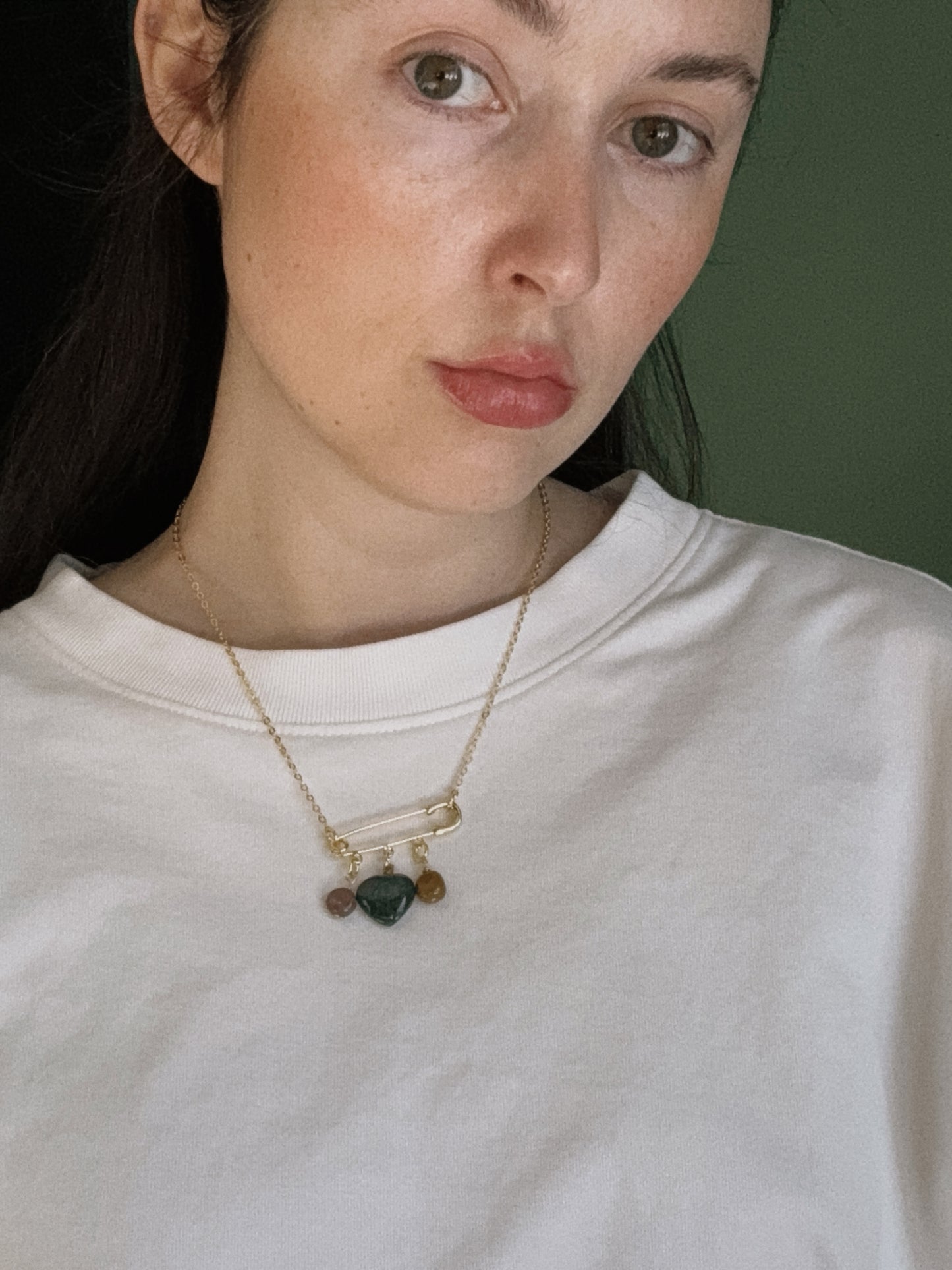 heart gemstone safety pin necklace IV