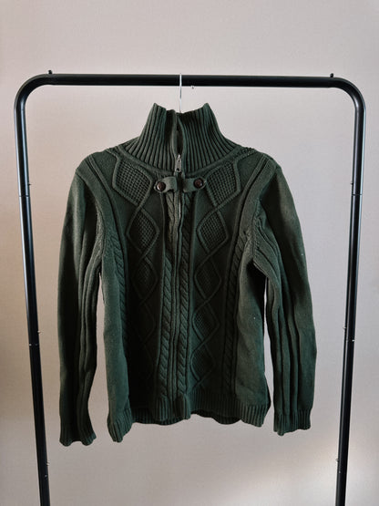 green knit zip up sweater