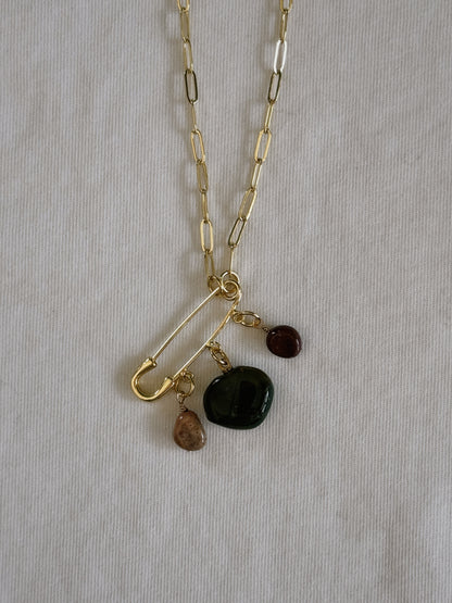heart gemstone safety pin necklace II