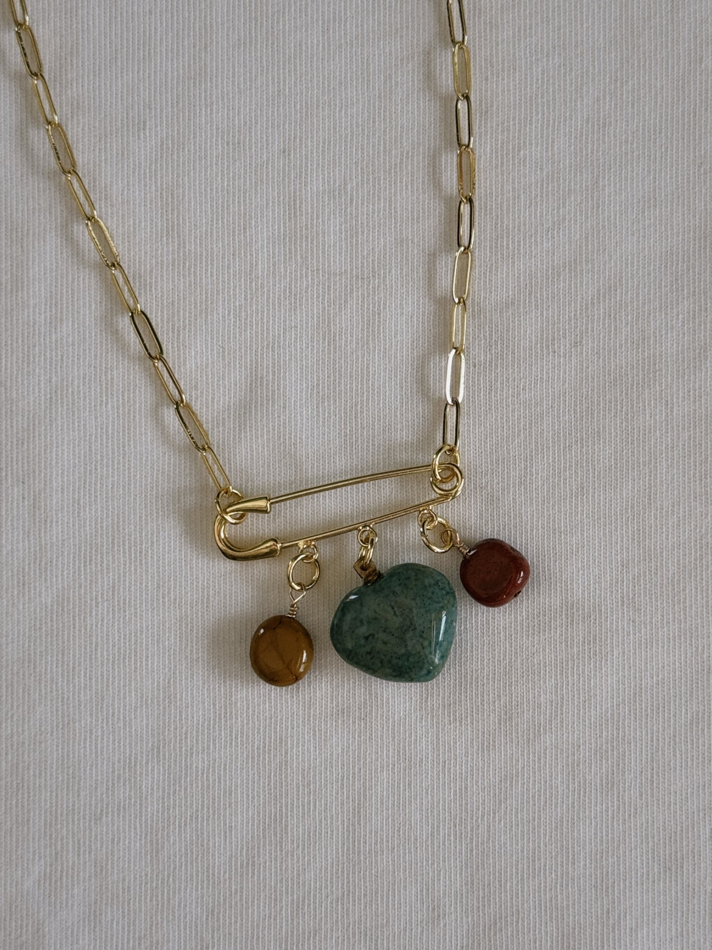 heart gemstone safety pin necklace III