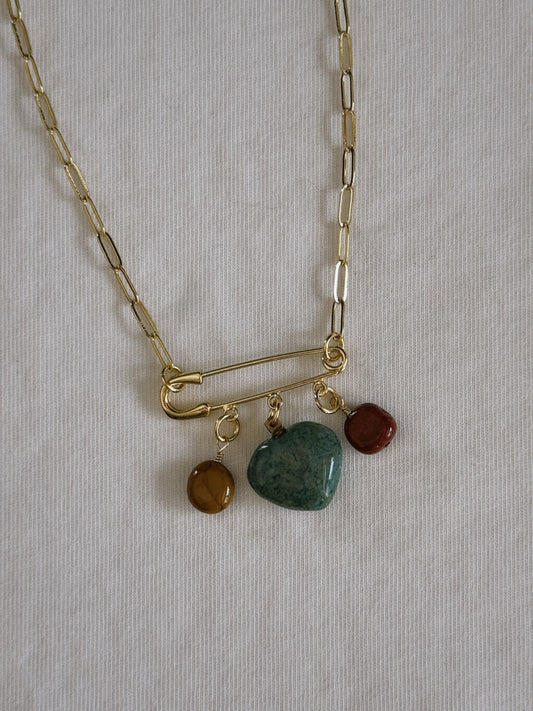 heart gemstone safety pin necklace III