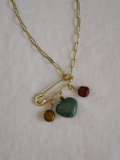 heart gemstone safety pin necklace III