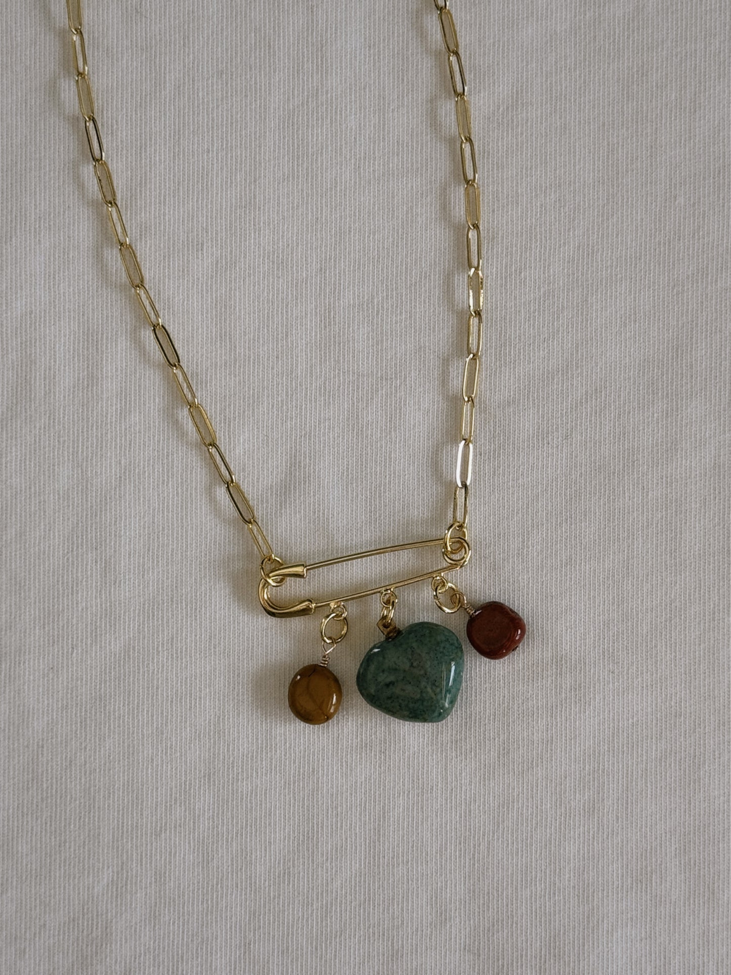 heart gemstone safety pin necklace III