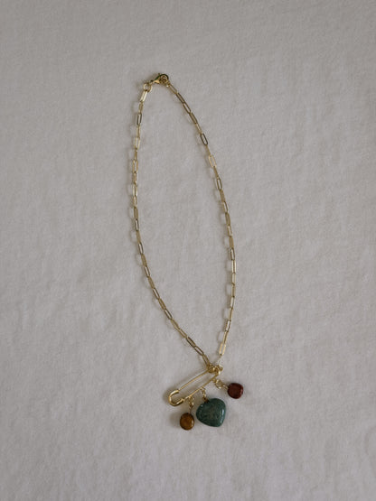 heart gemstone safety pin necklace III
