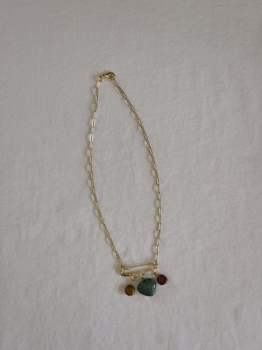 heart gemstone safety pin necklace III