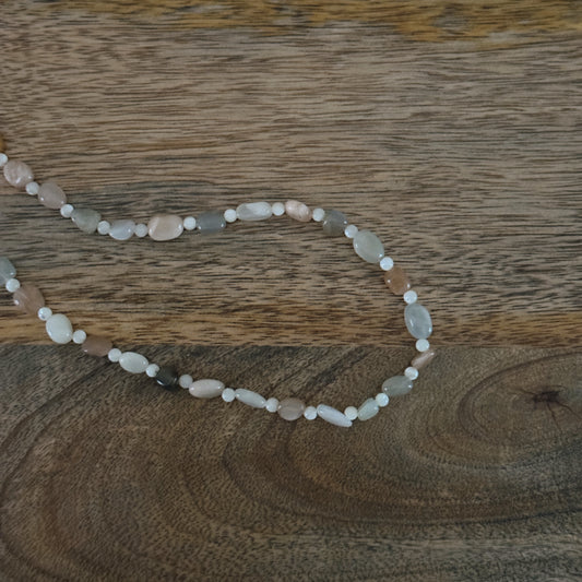 long mixed glass beaded necklace with silver antique clasp
