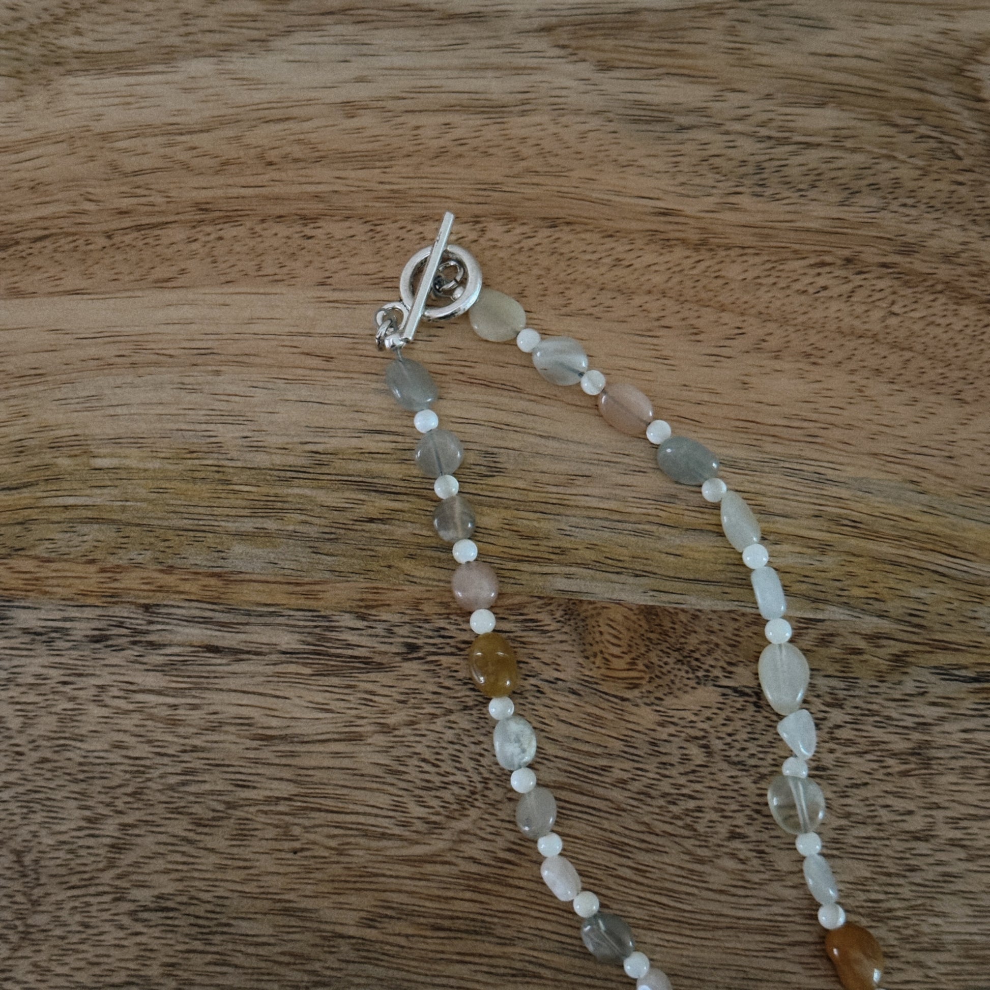 long mixed glass beaded necklace with silver antique clasp
