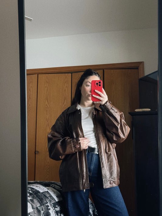 brown leather jacket