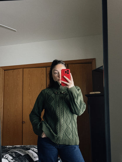 green knit zip up sweater