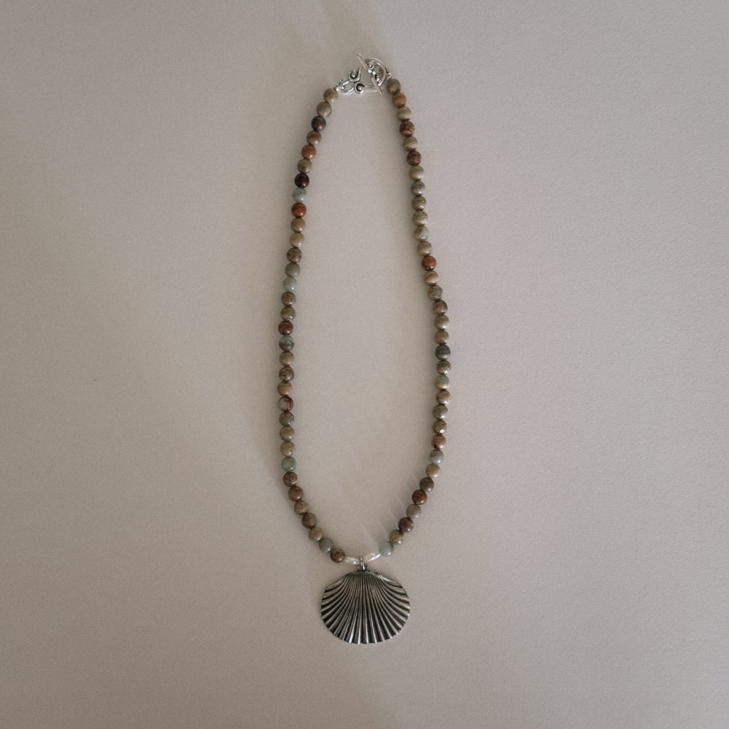 aqua jasper beaded necklace with shell pendant