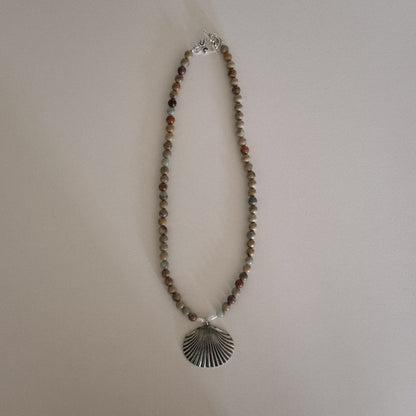 aqua jasper beaded necklace with shell pendant