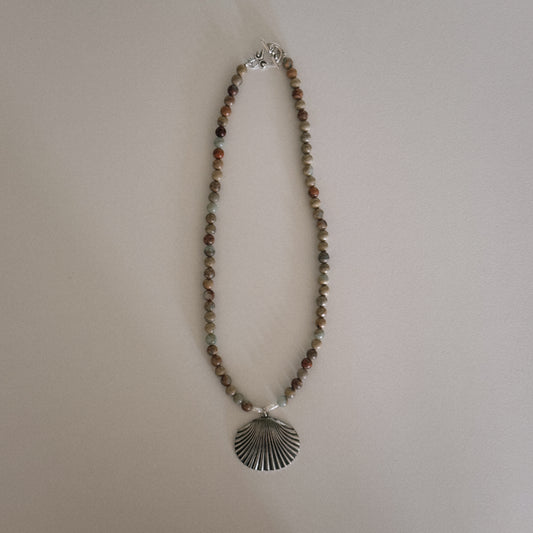 aqua jasper beaded necklace with shell pendant
