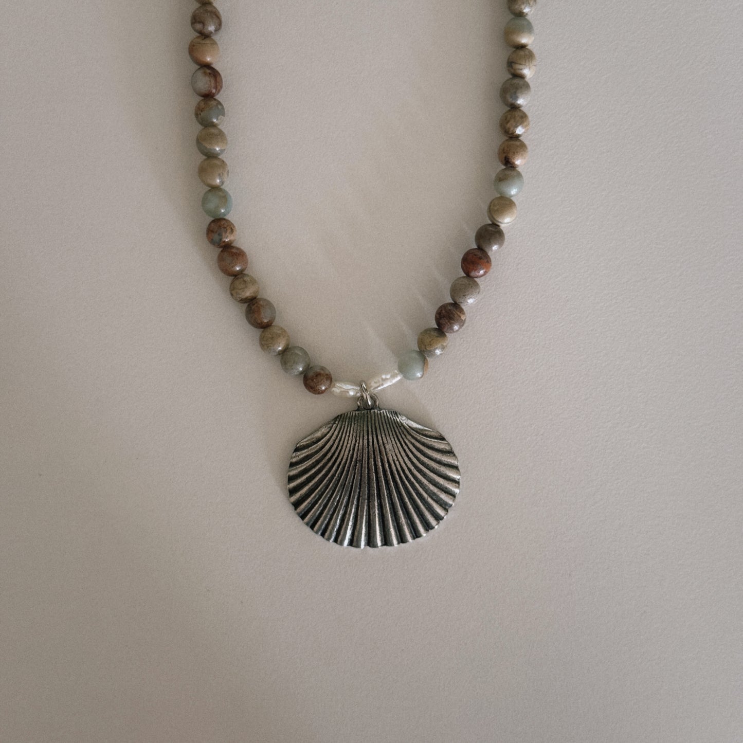 aqua jasper beaded necklace with shell pendant