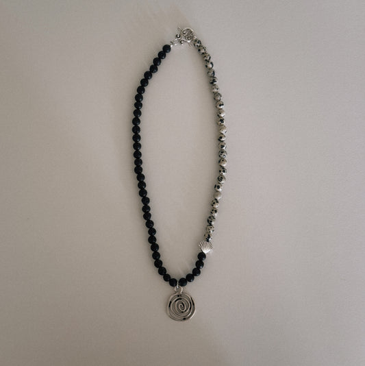 black lava & dalmation beaded necklace with spiral pendant