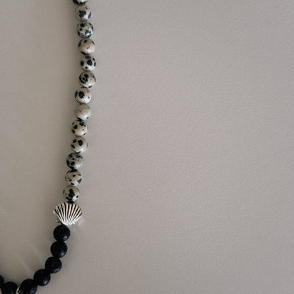 black lava & dalmation beaded necklace with spiral pendant