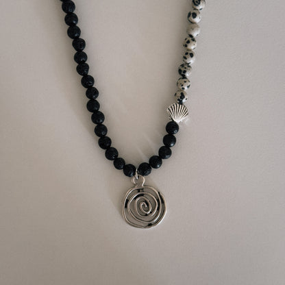 black lava & dalmation beaded necklace with spiral pendant