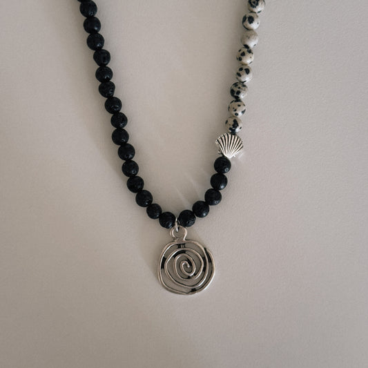 black lava & dalmation beaded necklace with spiral pendant
