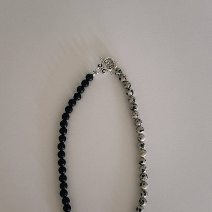 black lava & dalmation beaded necklace with spiral pendant