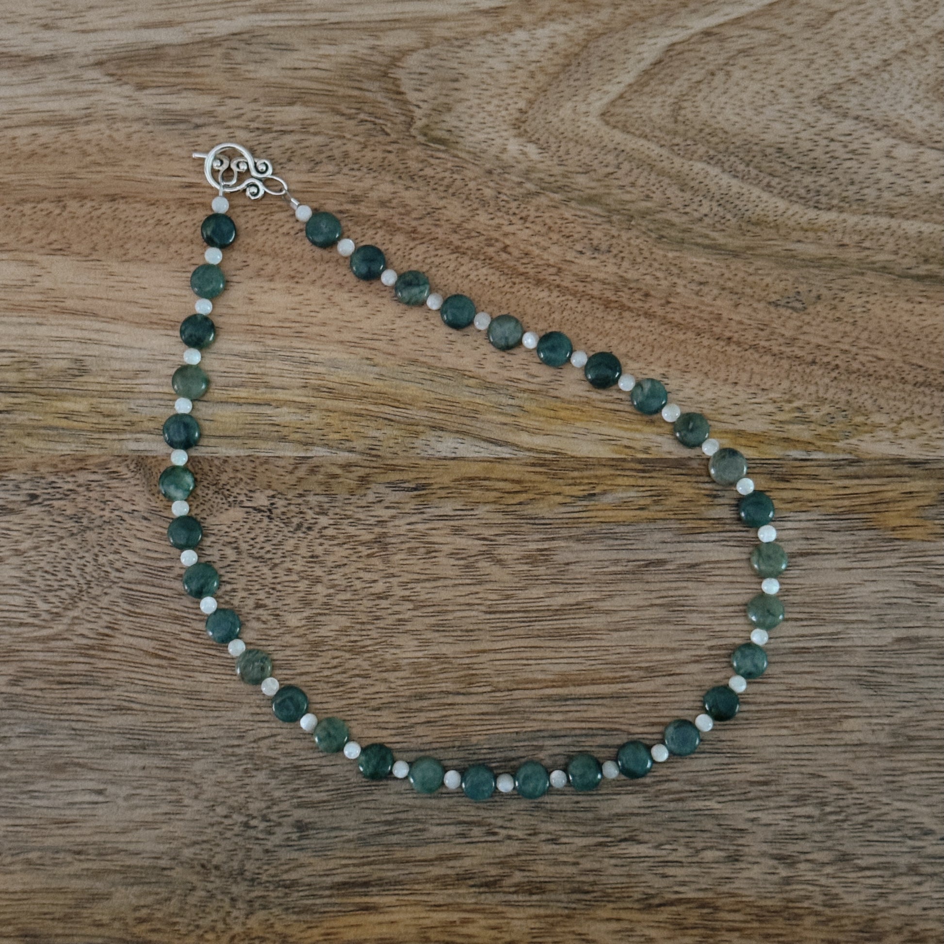 jade and cream glass beaded necklace with silver antique clasp