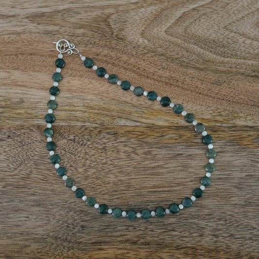 jade and cream glass beaded necklace with silver antique clasp