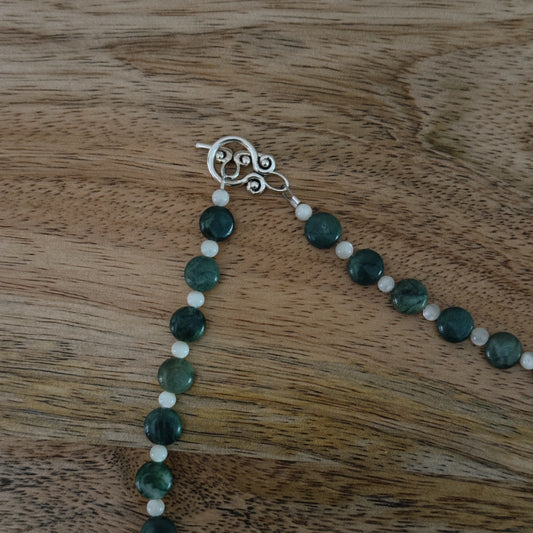 jade and cream glass beaded necklace with silver antique clasp